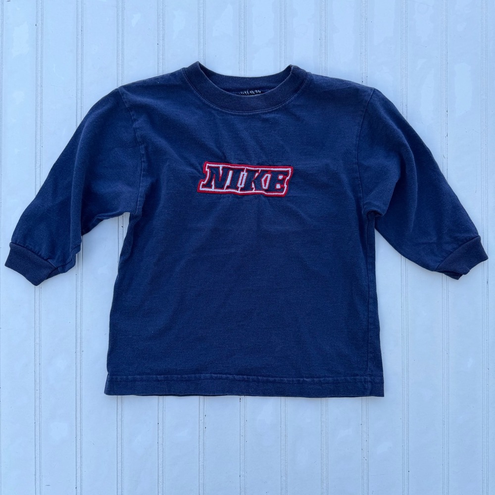 Nike Kids Navy Blue Long Sleeve Embroidered Spellout T-Shirt 3T Y2K Vintage